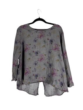 cut loose Gray Linen-Blend Tunic with Purple and Pink Floral M